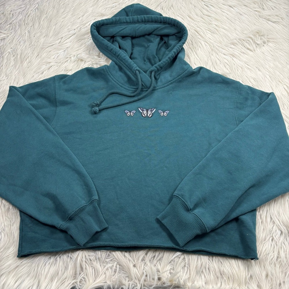 Hollister Women's M Green Butterfly Embroidered Cropped Hoodie E-Girl‎ Fairy